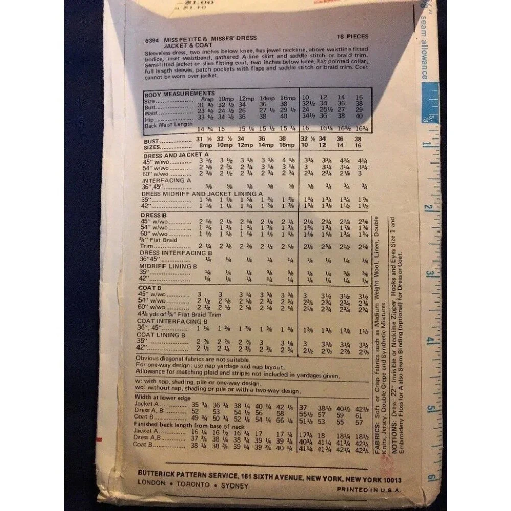 Butterick 6394 Miss Petite Sewing Pattern Dress Jacket & Coat Size 10 - Picture 4 of 7